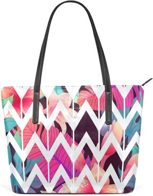 Wave Tropic Leaves Tote Bag for Women Leather Shoulder Handbag with Zipper and Pockets Fashion Casual Handle Bag Purse for Travel Beach Working Laptop School Gym Shopping