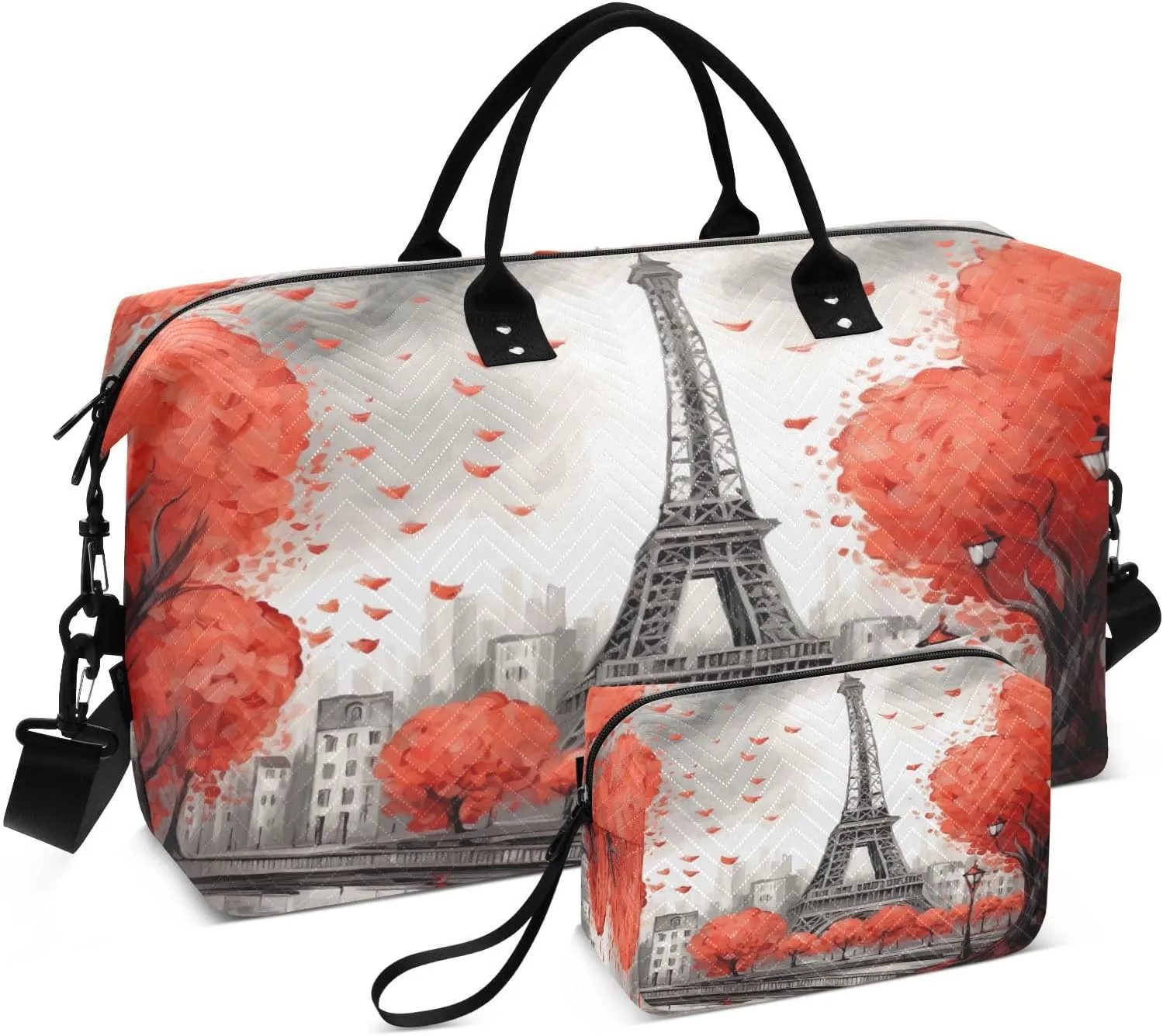 Weekender Bags for Women,Foldable Paris Tower Street Travel Duffel Bag with Trolley Sleeve Travel Tote Gym Bag with Toiletry Bag