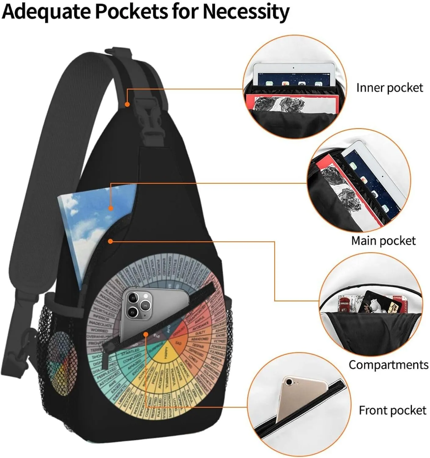 Wheel Of Emotions Crossbody Bag Cross Chest Bag Adjustable Sling Backpack Sports Gym Shoulder Bags Travel Cycling Daypack Diagonally Casual Rucksack