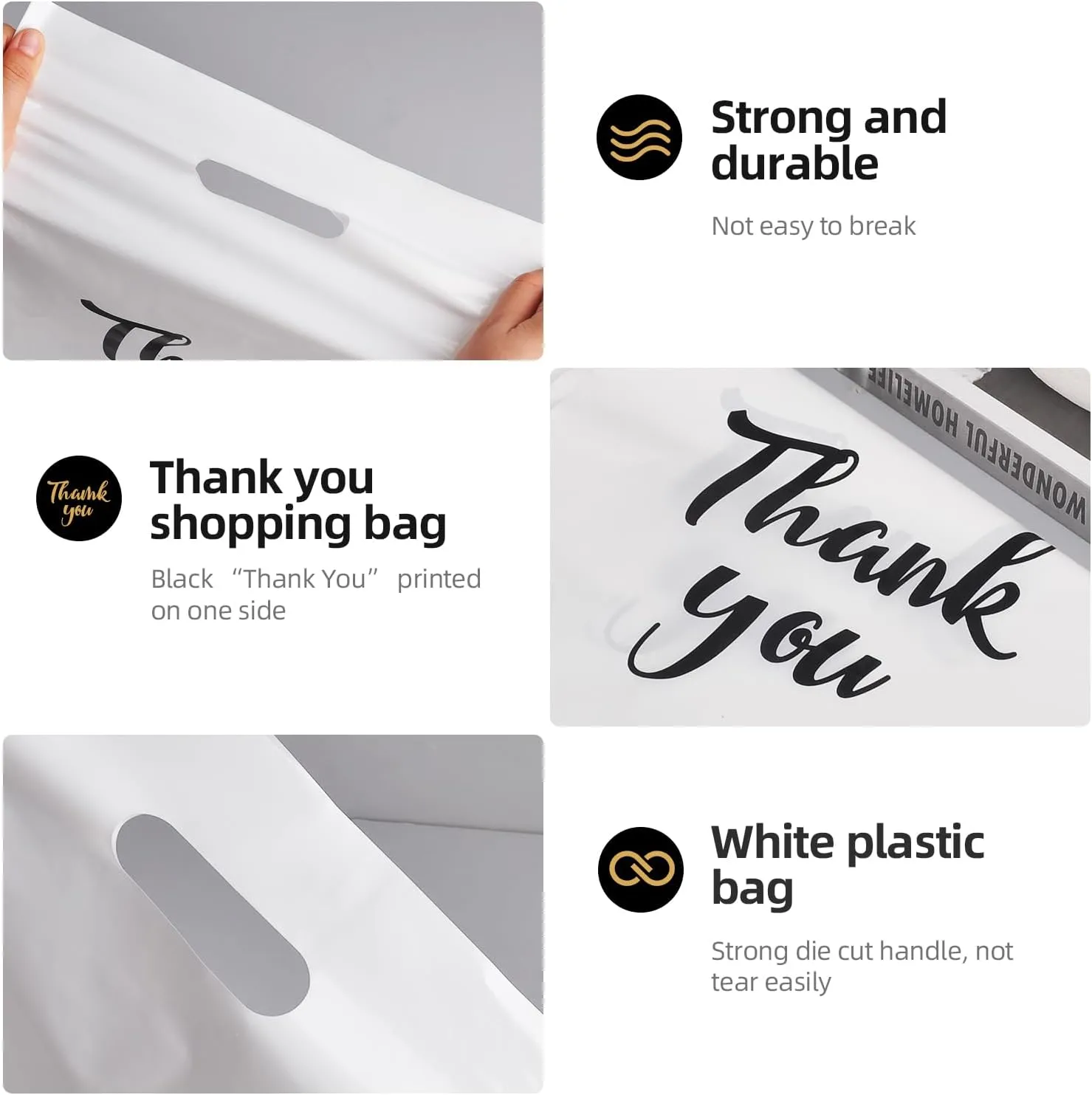 White Thank You Bags with Handles 100 Pack, 12 x 15 Inch 4.73 Mils Extra Thick Shopping Bags, Merchandise Retail Bags for Small Business Bulk (White)