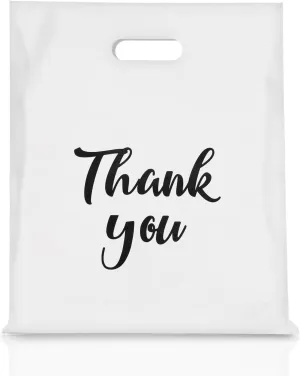 White Thank You Bags with Handles 100 Pack, 12 x 15 Inch 4.73 Mils Extra Thick Shopping Bags, Merchandise Retail Bags for Small Business Bulk (White)