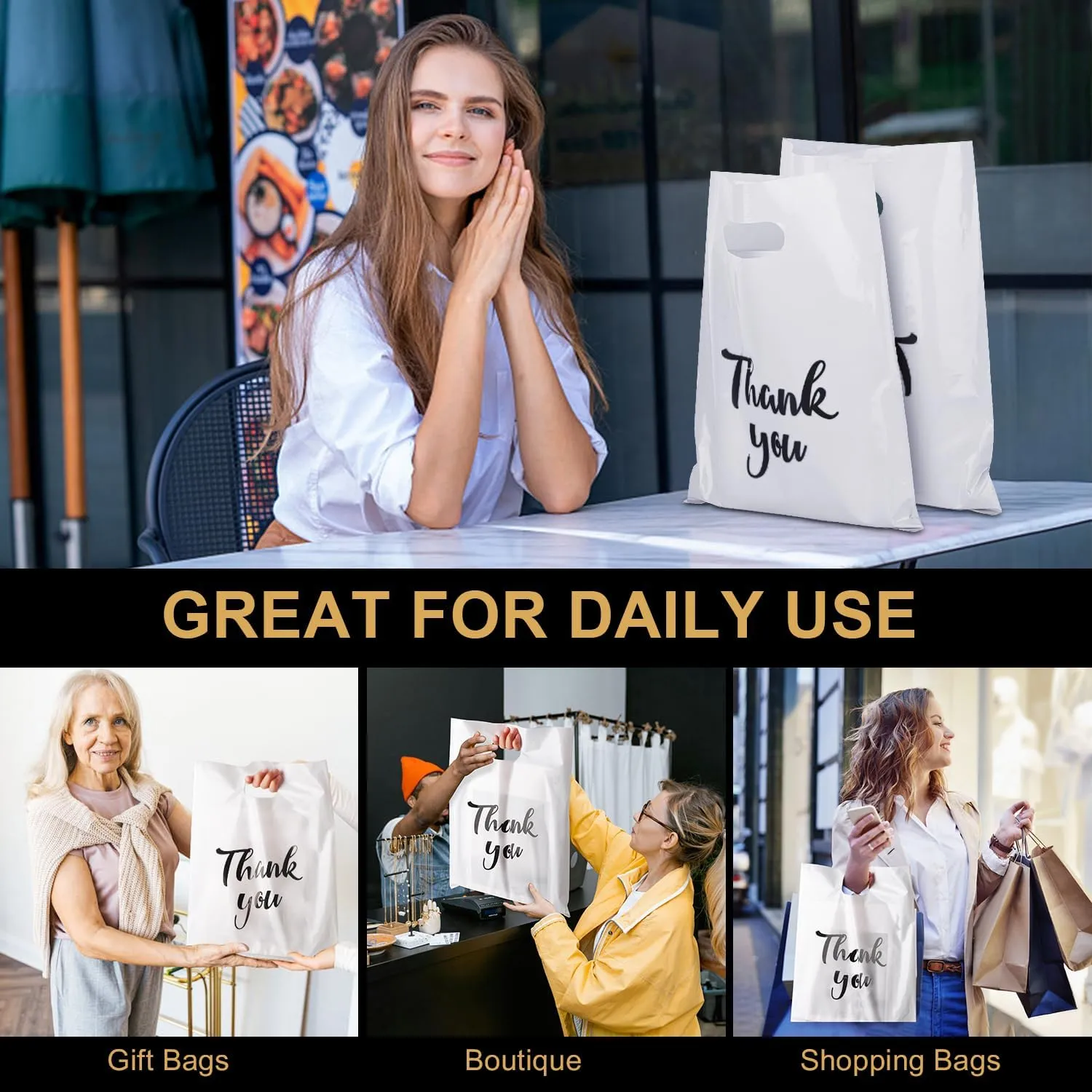 White Thank You Bags with Handles 100 Pack, 12 x 15 Inch 4.73 Mils Extra Thick Shopping Bags, Merchandise Retail Bags for Small Business Bulk (White)