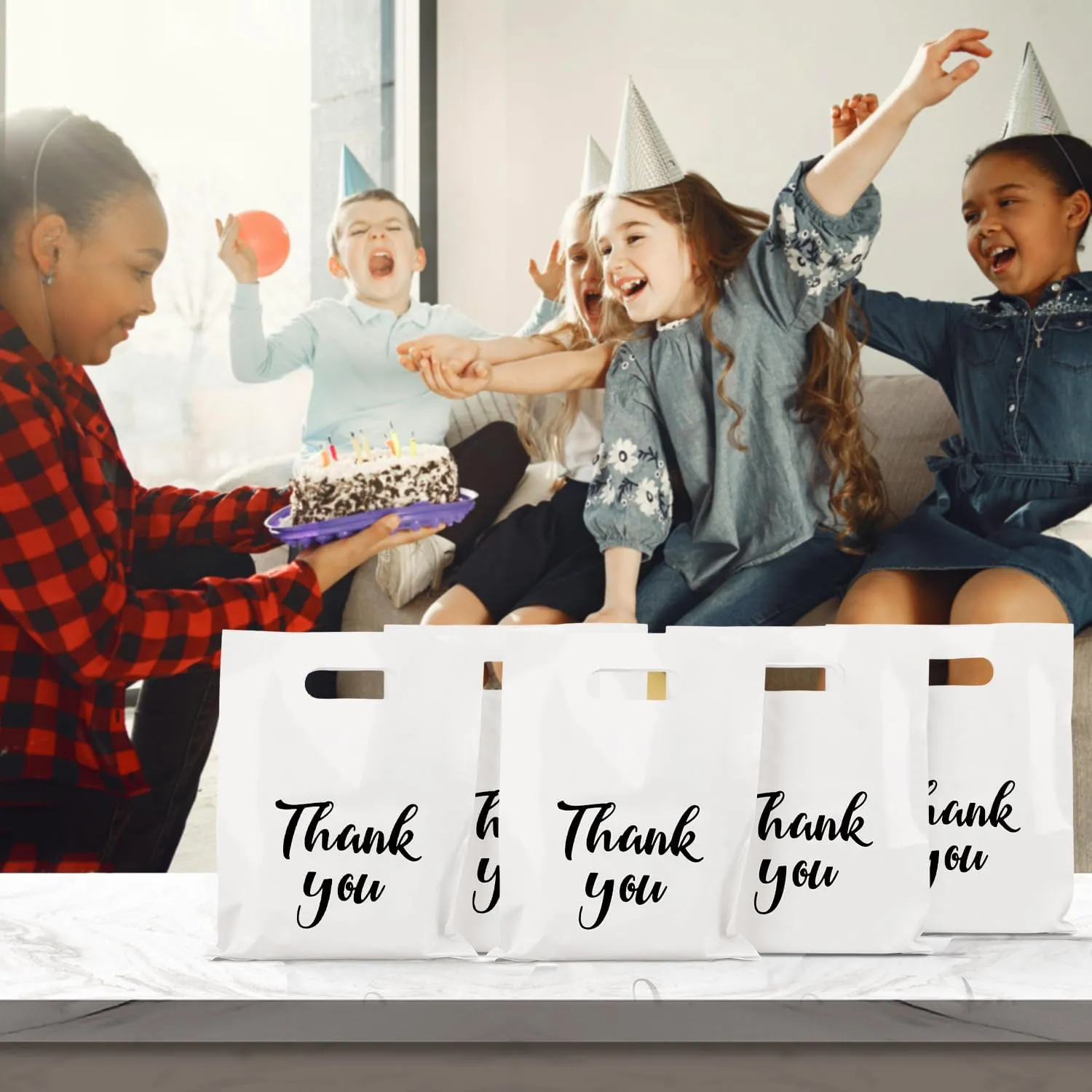 White Thank You Bags with Handles 100 Pack, 12 x 15 Inch 4.73 Mils Extra Thick Shopping Bags, Merchandise Retail Bags for Small Business Bulk (White)