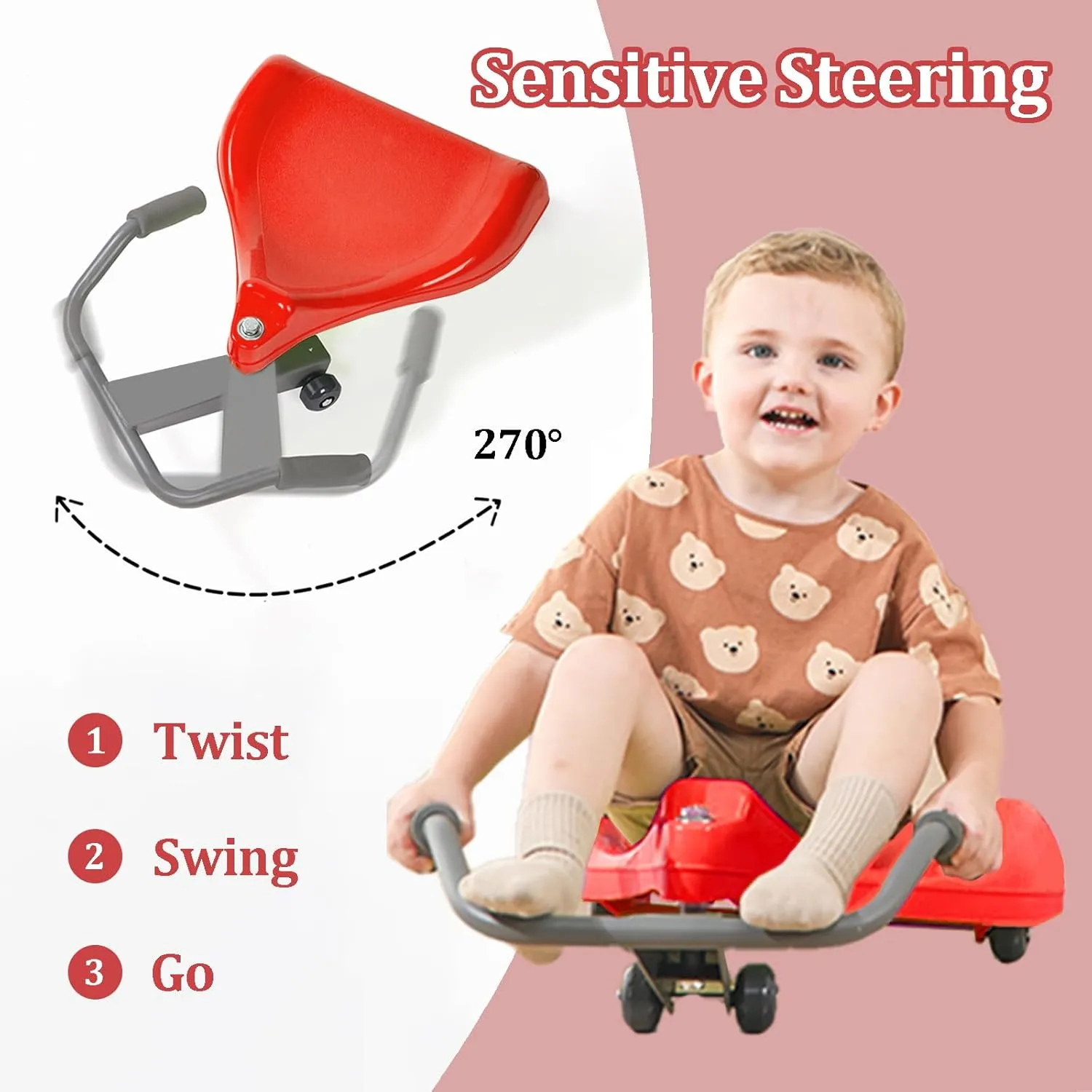 Wiggle Car, Ride On Scooter and Go Kart for Kids Ages 3 , No Pedal, Indoor Outdoor Riding Toy for Boys and Girls,Red