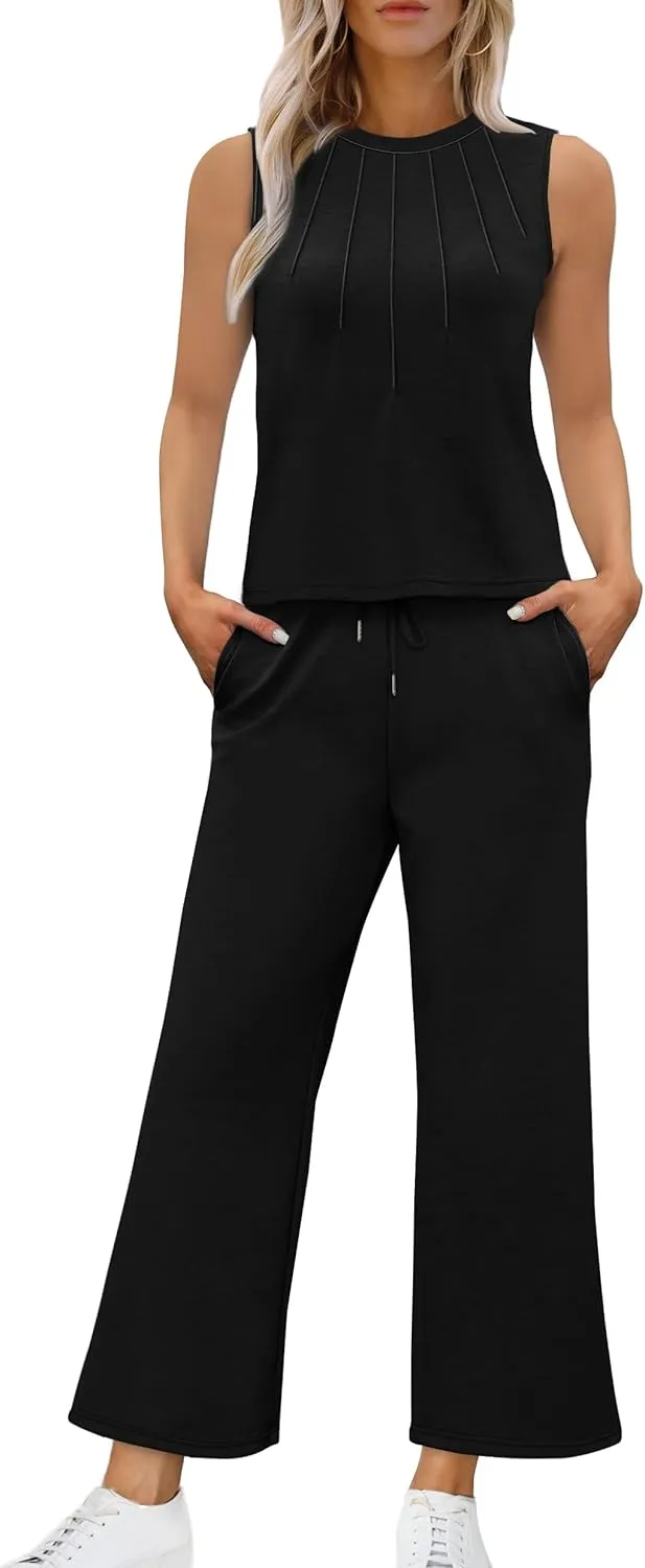WIHOLL Two Piece Sets for Women Summer Vacation Travel Outfits Pleated Tank Top Wide Leg Crop Pants Matching Lounge Sets