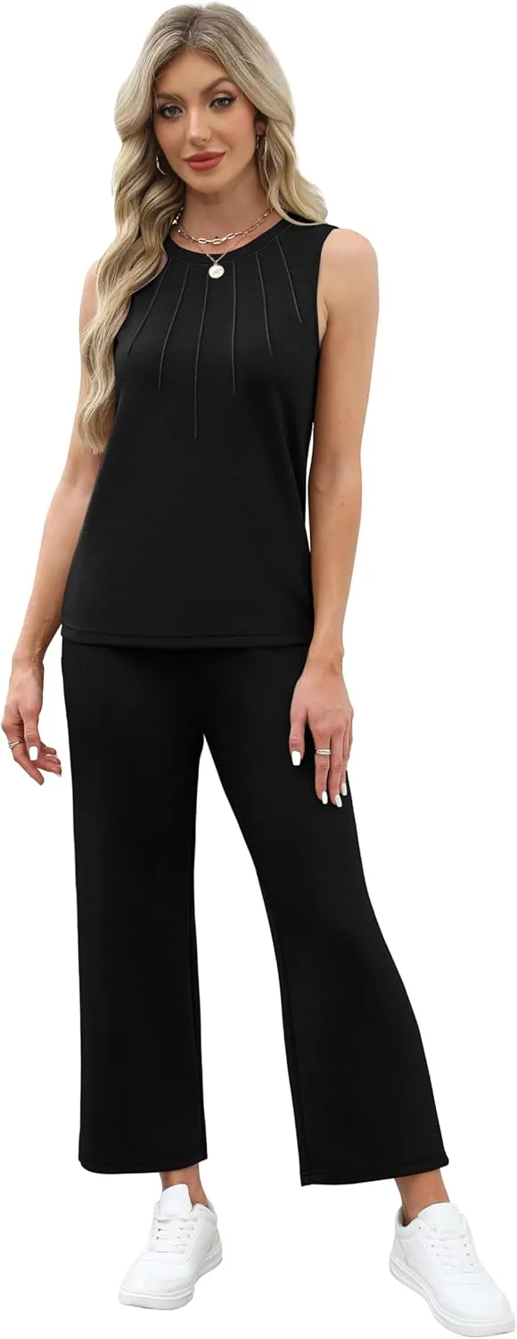 WIHOLL Two Piece Sets for Women Summer Vacation Travel Outfits Pleated Tank Top Wide Leg Crop Pants Matching Lounge Sets