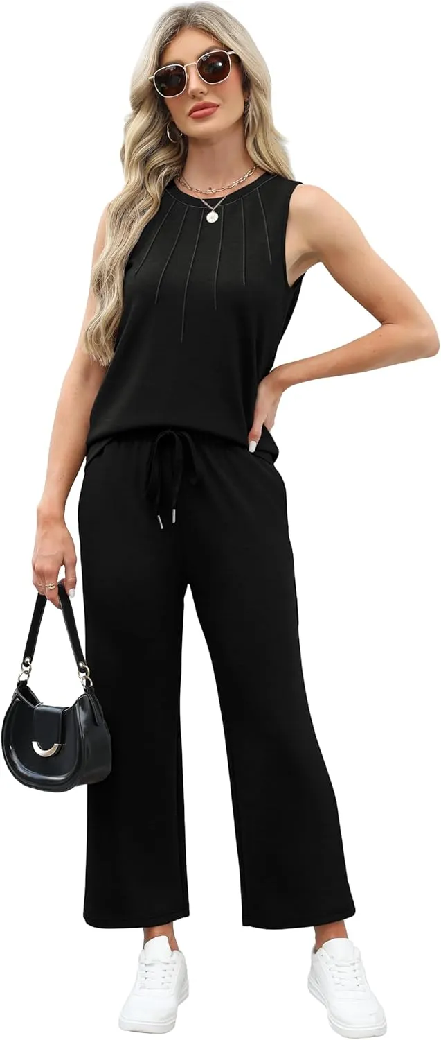 WIHOLL Two Piece Sets for Women Summer Vacation Travel Outfits Pleated Tank Top Wide Leg Crop Pants Matching Lounge Sets