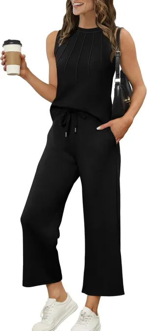 WIHOLL Two Piece Sets for Women Summer Vacation Travel Outfits Pleated Tank Top Wide Leg Crop Pants Matching Lounge Sets