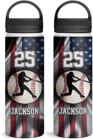 winorax Baseball Water Bottle Personalized Baseball American Flag Stainless Steel Insulated 32oz 18oz 12oz Custom Number Name Bottles For Men Boys Coach Sports Player Father's Day Birthday Gifts