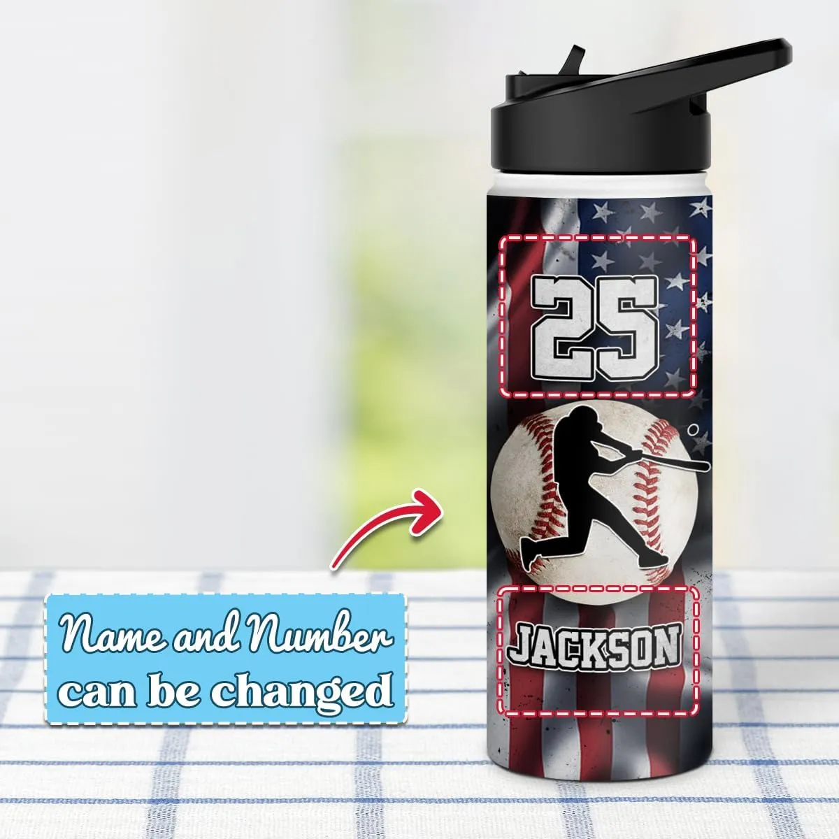 winorax Baseball Water Bottle Personalized Baseball American Flag Stainless Steel Insulated 32oz 18oz 12oz Custom Number Name Bottles For Men Boys Coach Sports Player Father's Day Birthday Gifts
