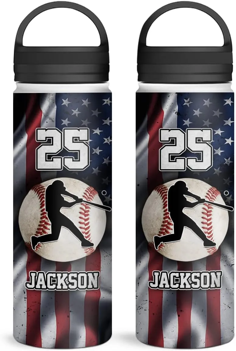 winorax Baseball Water Bottle Personalized Baseball American Flag Stainless Steel Insulated 32oz 18oz 12oz Custom Number Name Bottles For Men Boys Coach Sports Player Father's Day Birthday Gifts