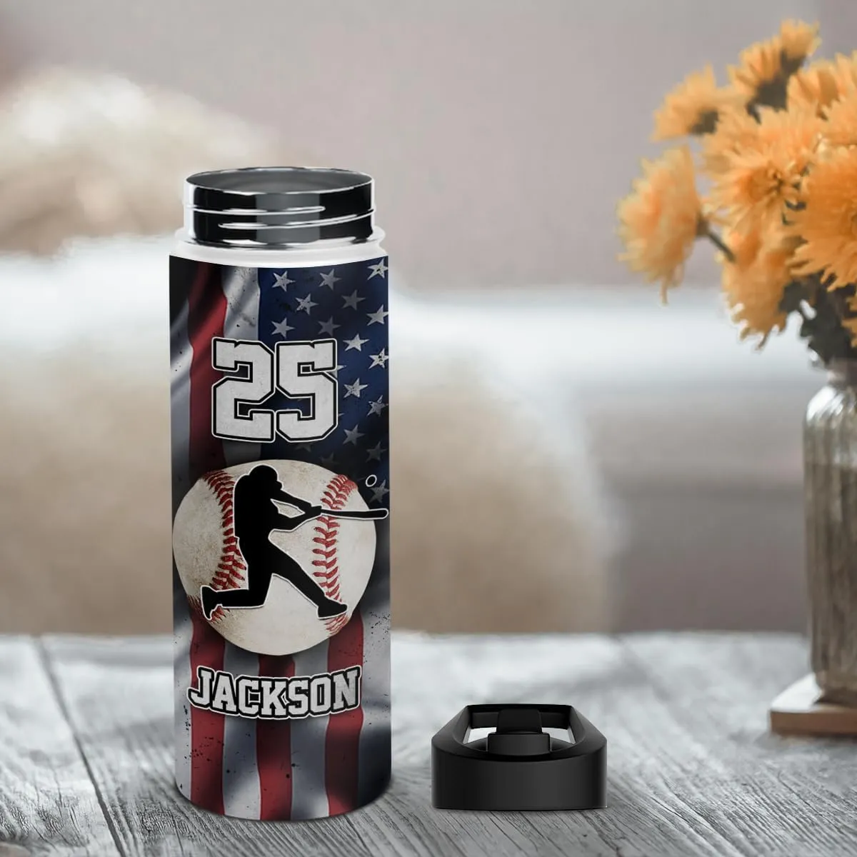 winorax Baseball Water Bottle Personalized Baseball American Flag Stainless Steel Insulated 32oz 18oz 12oz Custom Number Name Bottles For Men Boys Coach Sports Player Father's Day Birthday Gifts