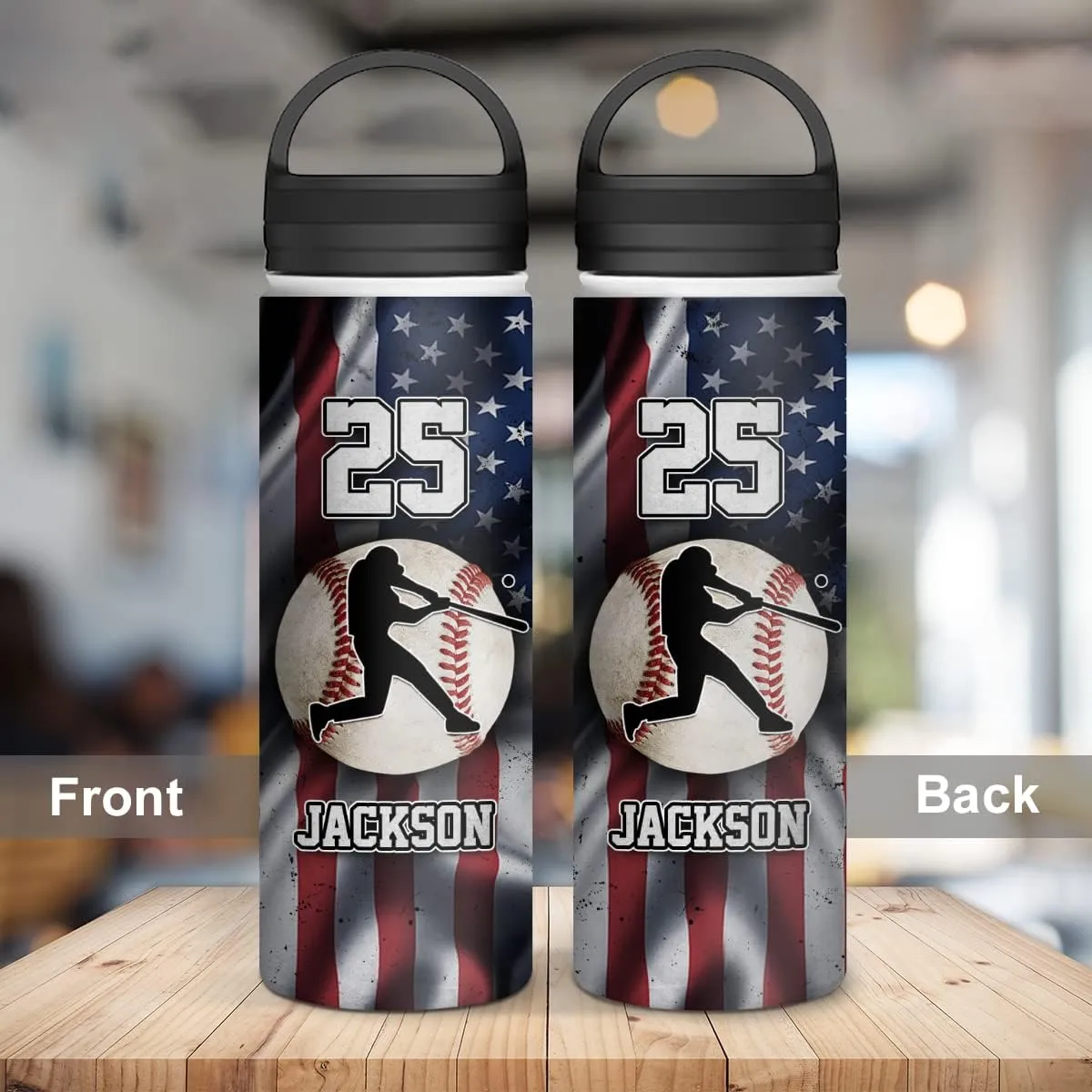 winorax Baseball Water Bottle Personalized Baseball American Flag Stainless Steel Insulated 32oz 18oz 12oz Custom Number Name Bottles For Men Boys Coach Sports Player Father's Day Birthday Gifts