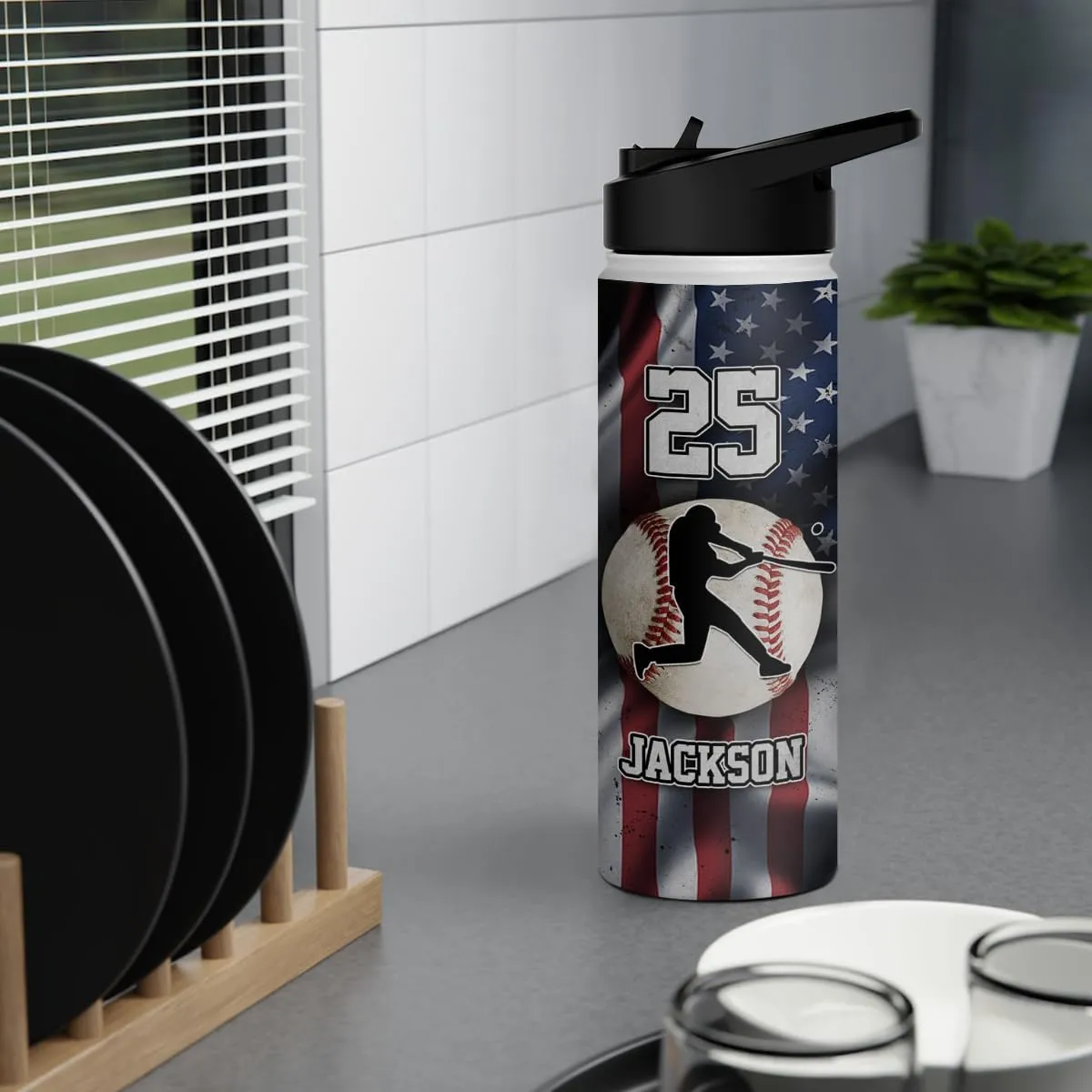 winorax Baseball Water Bottle Personalized Baseball American Flag Stainless Steel Insulated 32oz 18oz 12oz Custom Number Name Bottles For Men Boys Coach Sports Player Father's Day Birthday Gifts
