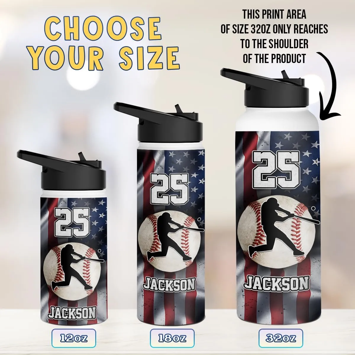 winorax Baseball Water Bottle Personalized Baseball American Flag Stainless Steel Insulated 32oz 18oz 12oz Custom Number Name Bottles For Men Boys Coach Sports Player Father's Day Birthday Gifts