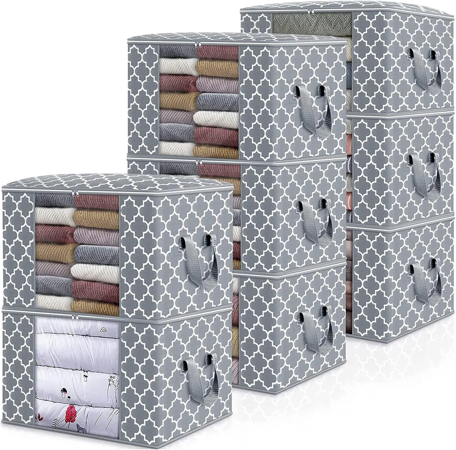 WISELIFE Storage Bags 100L 8-Pack Large Blanket Clothes Organization and Storage Containers for Bedding, Comforters, Foldable Organizer with Reinforced Handle, Clear Window, Sturdy Zippers, Light Grey
