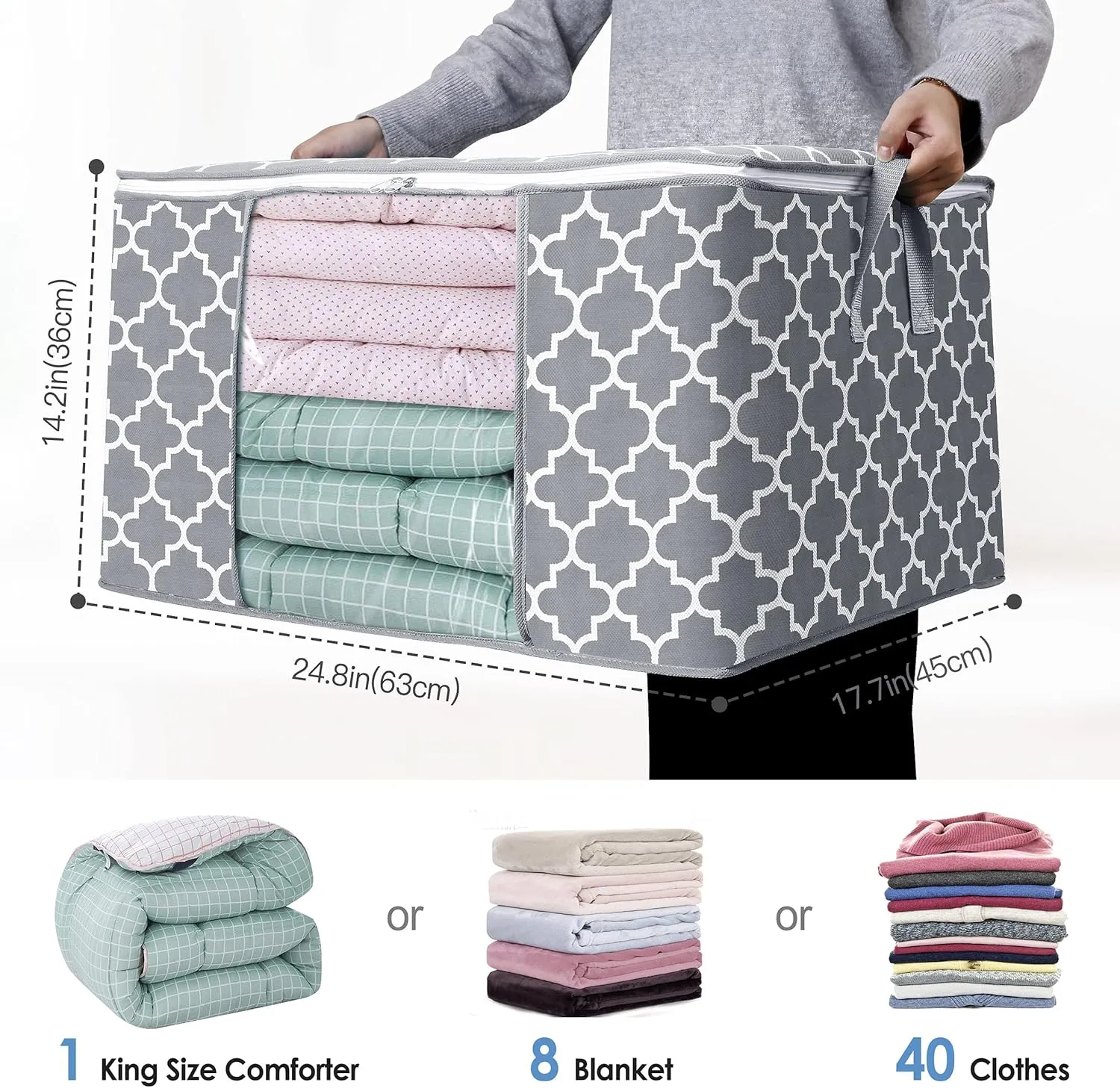WISELIFE Storage Bags 100L 8-Pack Large Blanket Clothes Organization and Storage Containers for Bedding, Comforters, Foldable Organizer with Reinforced Handle, Clear Window, Sturdy Zippers, Light Grey