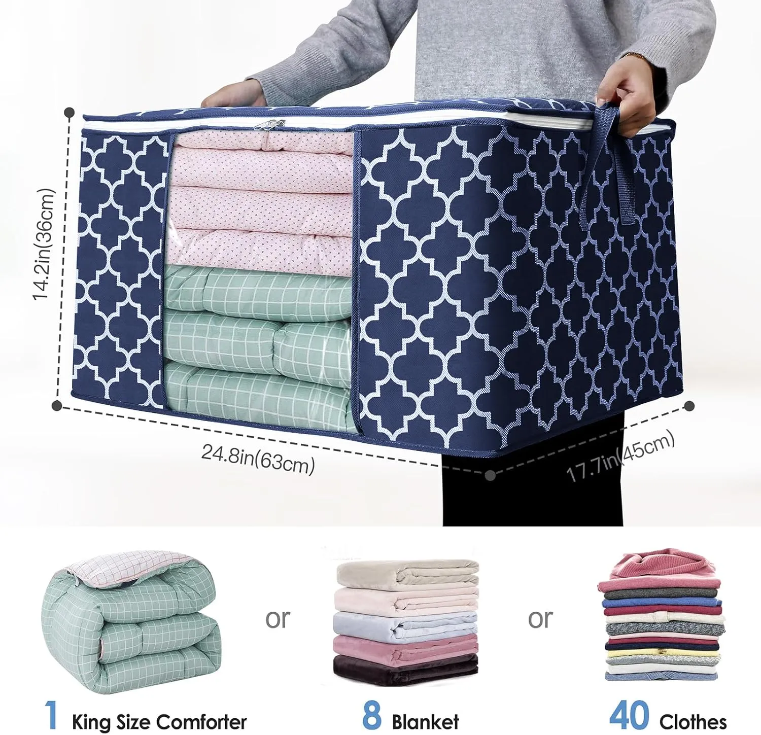 WISELIFE Storage Bags, Large Blanket Clothes Organization and Storage Containers for Bedding, Comforters, Foldable Organizer with Reinforced Handle, Clear Window,Sturdy Zippers,(Blue, 6 x 100L)