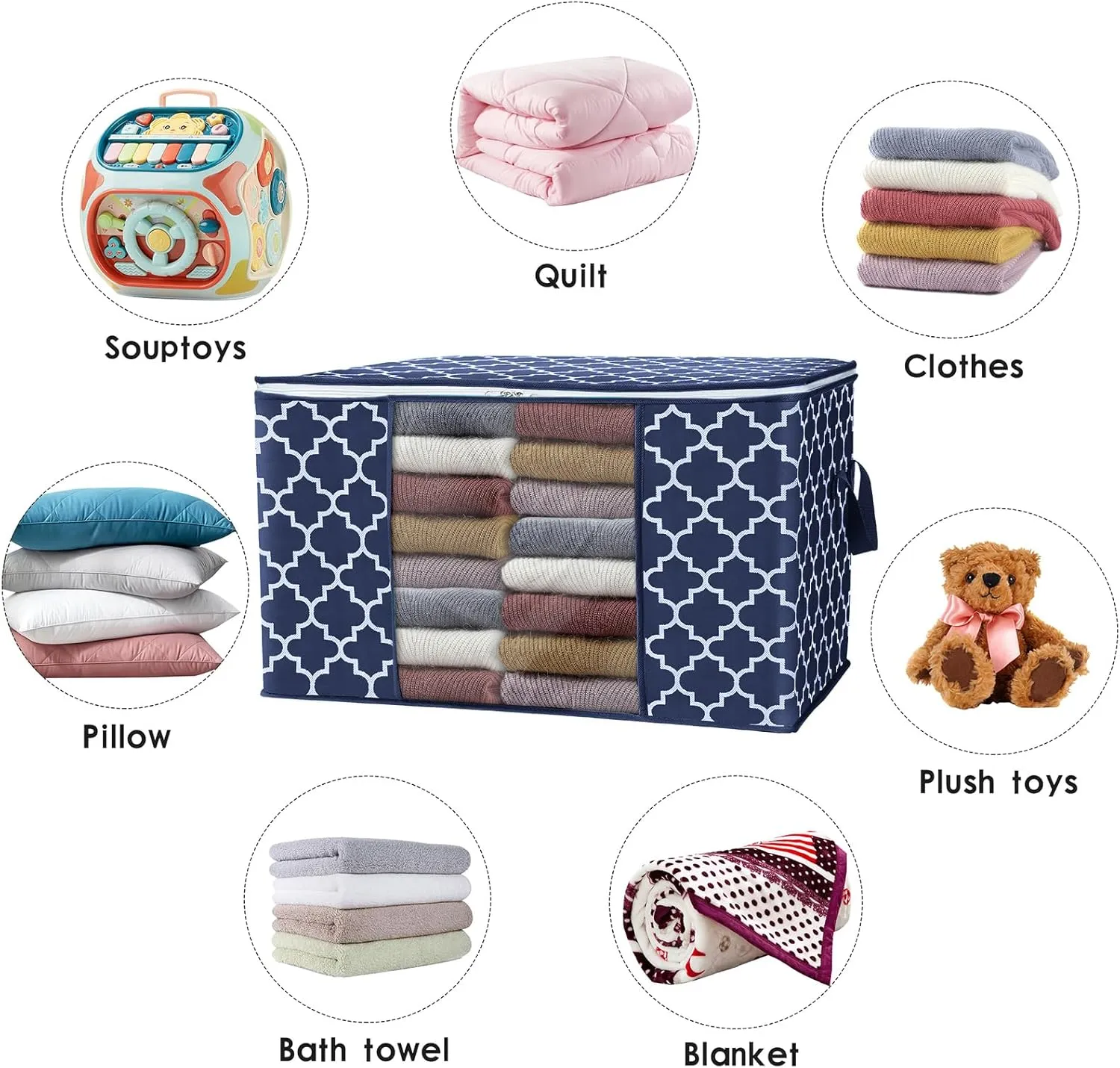 WISELIFE Storage Bags, Large Blanket Clothes Organization and Storage Containers for Bedding, Comforters, Foldable Organizer with Reinforced Handle, Clear Window,Sturdy Zippers,(Blue, 6 x 100L)