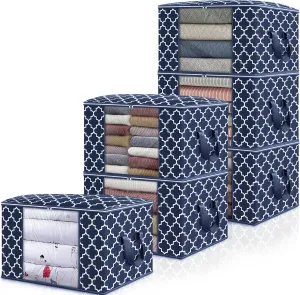 WISELIFE Storage Bags, Large Blanket Clothes Organization and Storage Containers for Bedding, Comforters, Foldable Organizer with Reinforced Handle, Clear Window,Sturdy Zippers,(Blue, 6 x 100L)