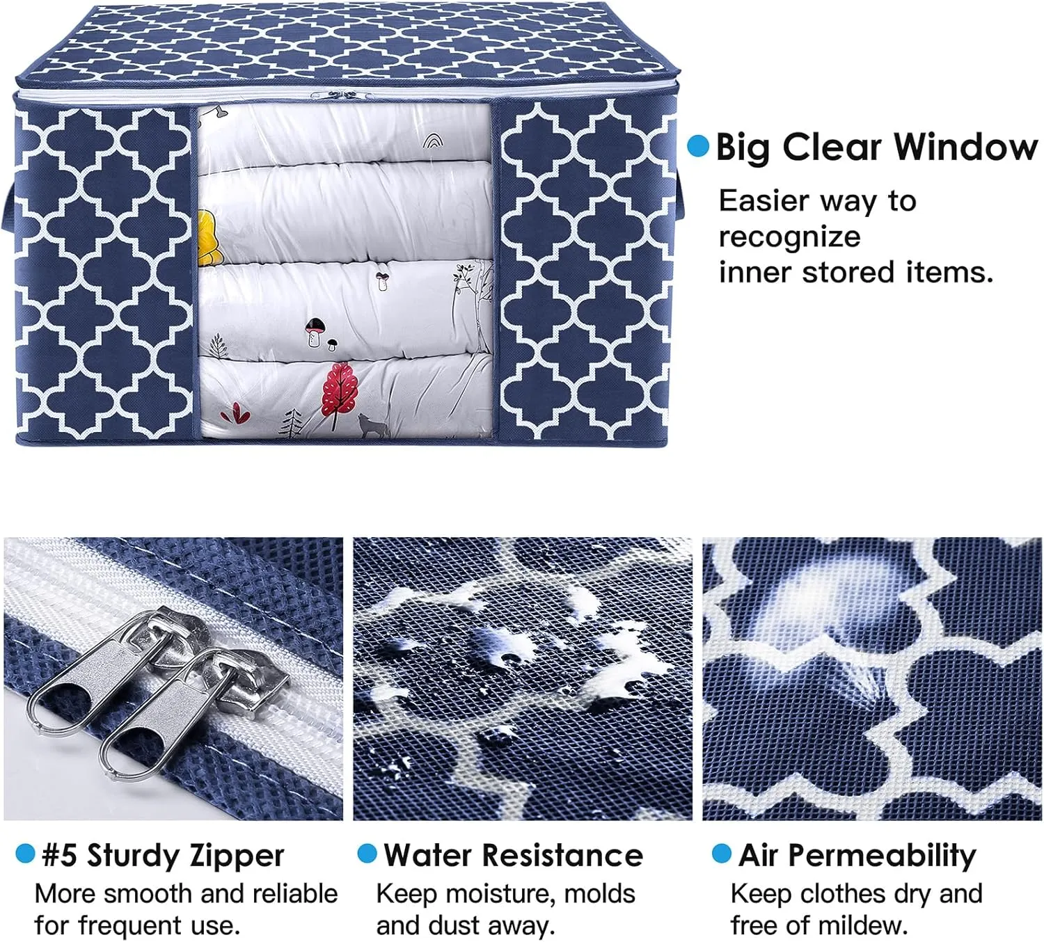 WISELIFE Storage Bags, Large Blanket Clothes Organization and Storage Containers for Bedding, Comforters, Foldable Organizer with Reinforced Handle, Clear Window,Sturdy Zippers,(Blue, 6 x 100L)