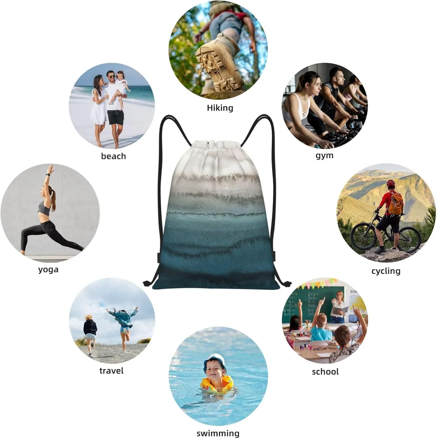 Within The Tides Print Drawstring Backpack,Foldable Gym Sack For Sports,Travel,Yoga,Hiking,Adjustable