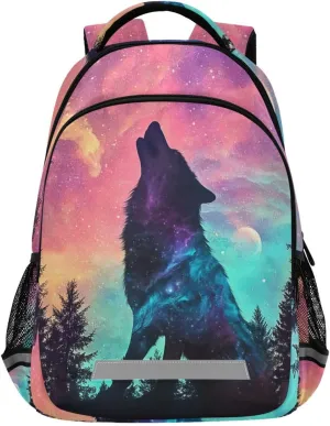 Wolf Galaxy Forest Sky Night Backpack for Boys Girls Elementary School Bag Kids Travel Bags Casual Rucksack Laptop Bookbag