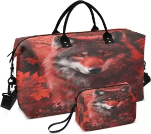 Wolf Mapleleaves Redeyes Red Travel Duffel Bag with Toiletry Bag Weekender Bag for Carry on Sports Gym Bag for Weekend Travel Gym