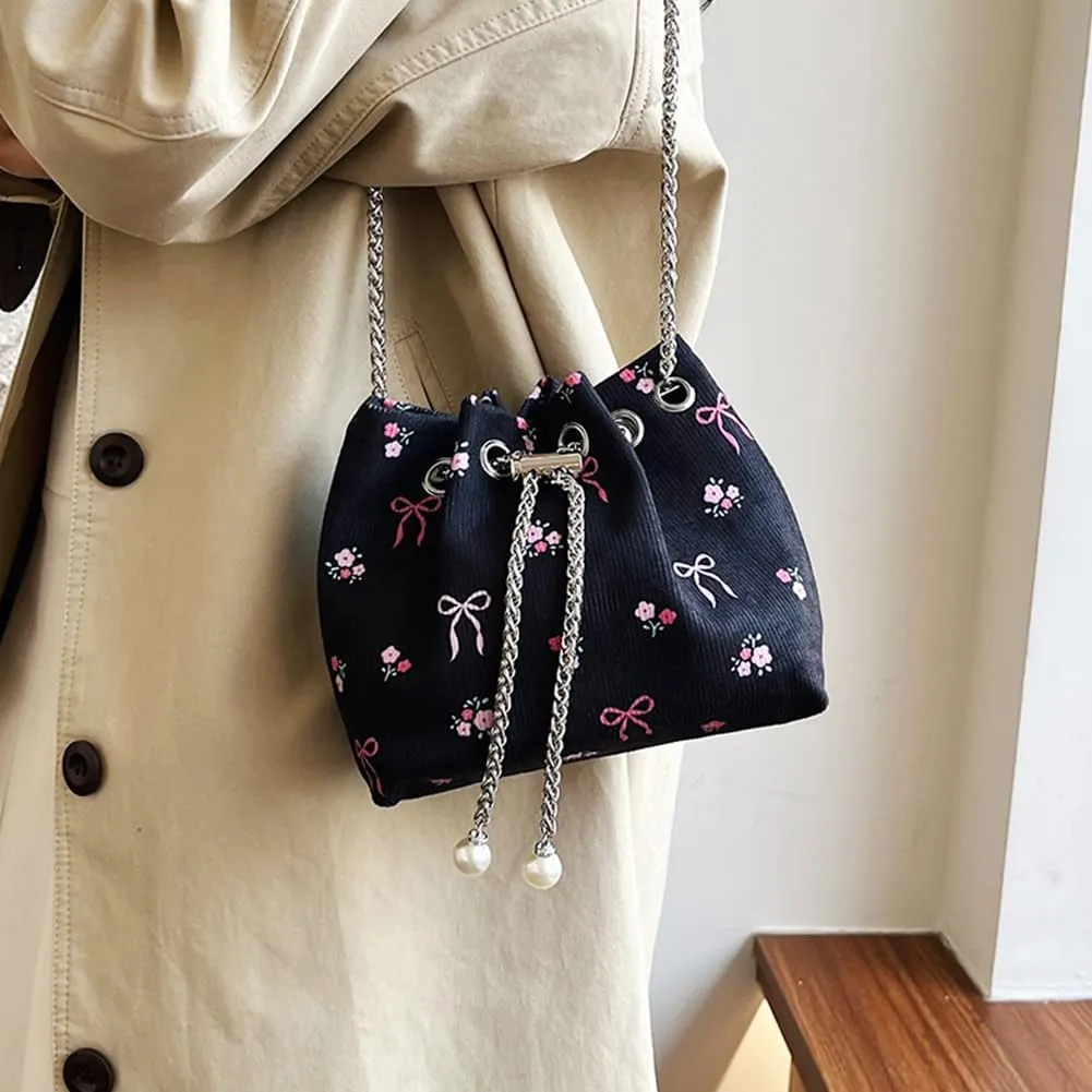 Women Bucket Bag Drawstring Shoulder Bag with Chain Crossbody Bag Clutch Purse for Work Travel