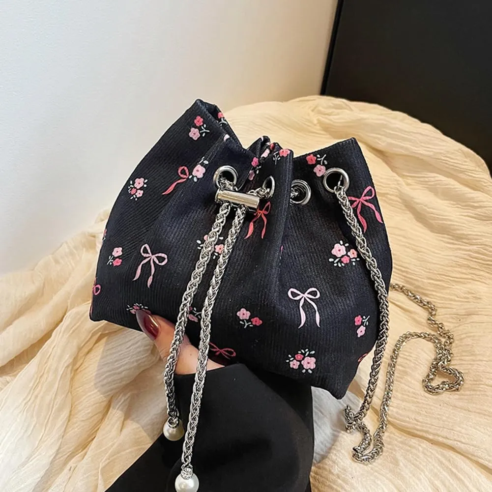 Women Bucket Bag Drawstring Shoulder Bag with Chain Crossbody Bag Clutch Purse for Work Travel