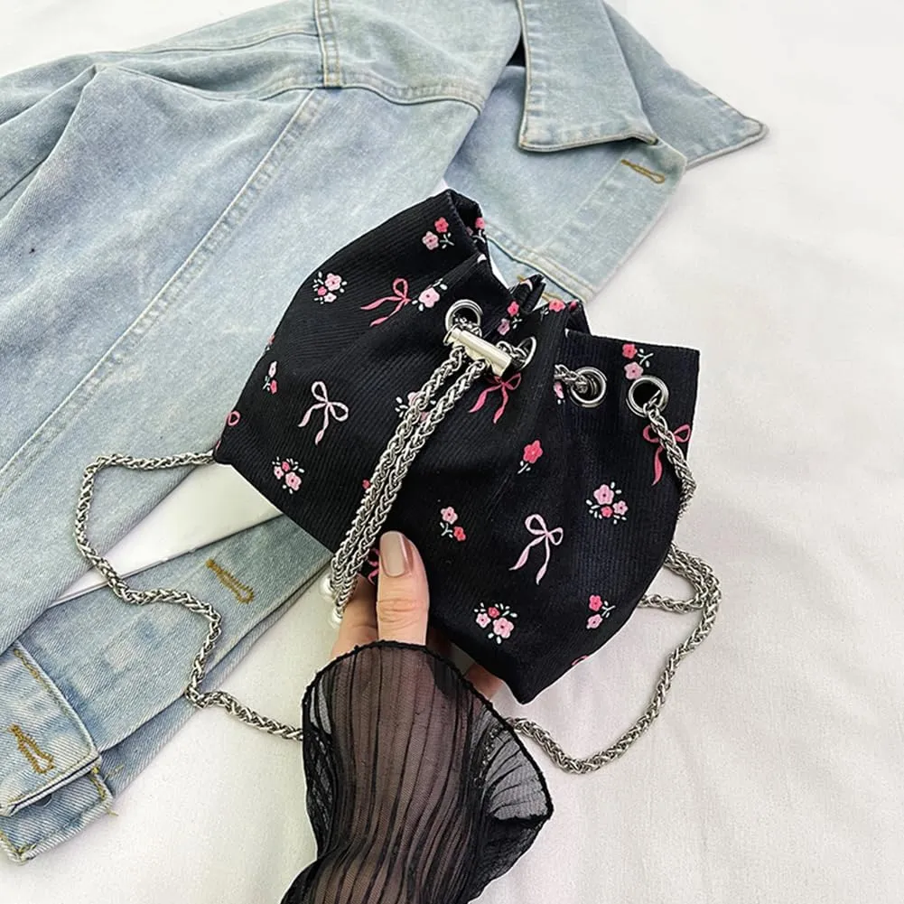 Women Bucket Bag Drawstring Shoulder Bag with Chain Crossbody Bag Clutch Purse for Work Travel