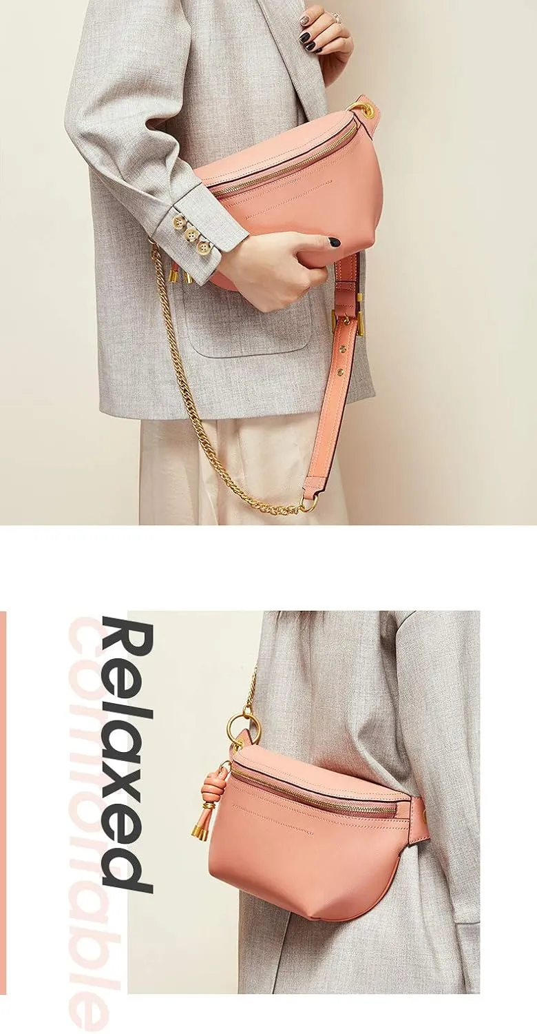 Women Chain Strap Cross-body Bags Genuine Leather Waist Bag with Zipper Closure for Daily (Pink)