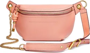 Women Chain Strap Cross-body Bags Genuine Leather Waist Bag with Zipper Closure for Daily (Pink)