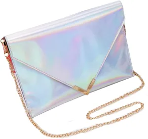 Women Colorful Holographic Evening Clutch Envelope Handbag Small Chain Cross-body Bag Shoulder Bag 167 Silver