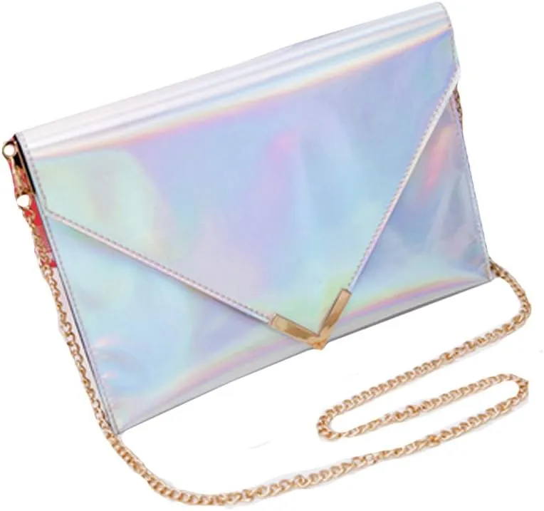 Women Colorful Holographic Evening Clutch Envelope Handbag Small Chain Cross-body Bag Shoulder Bag 167 Silver
