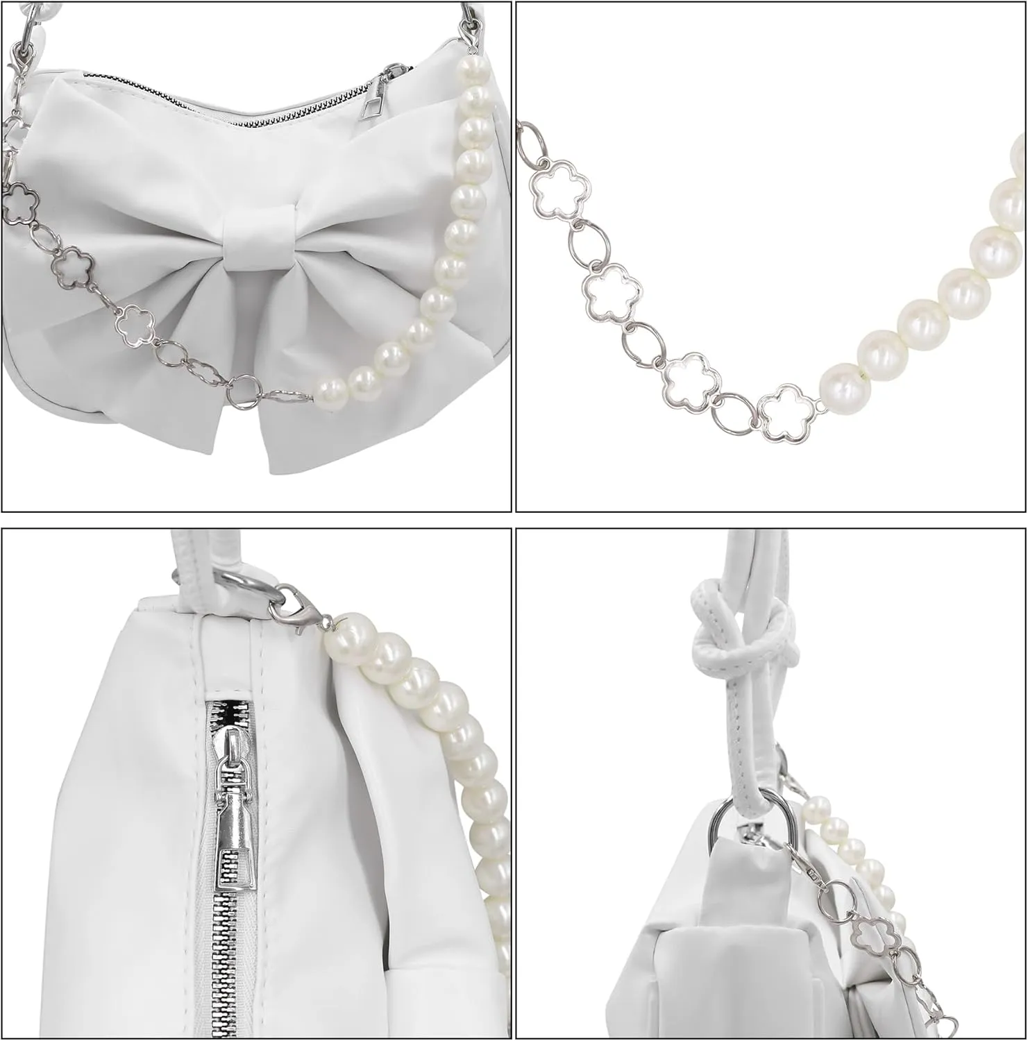 Women Girls Retro Hobo Handbag Underarm Shoulder Bag Pearls Handle Clutch Pouch Tote Bag for Wedding Party Travel,White