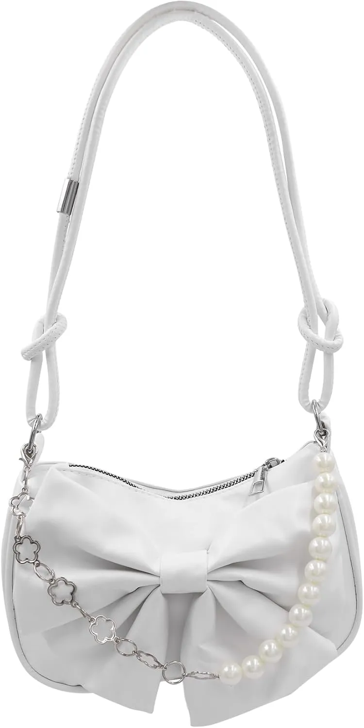 Women Girls Retro Hobo Handbag Underarm Shoulder Bag Pearls Handle Clutch Pouch Tote Bag for Wedding Party Travel,White
