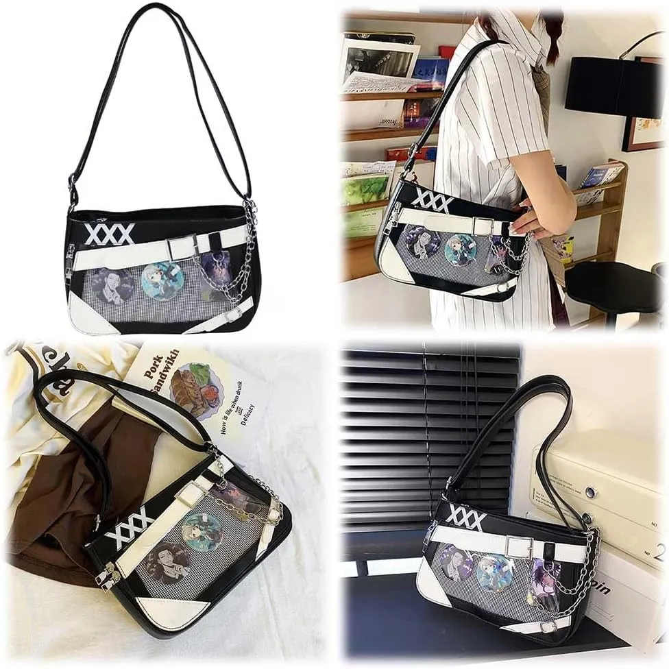 Women Ita Bag Clear Window Shoulder Bag with 3 Badges Badge Display Crossbody Bag Color Matching Kawaii Pin Displa