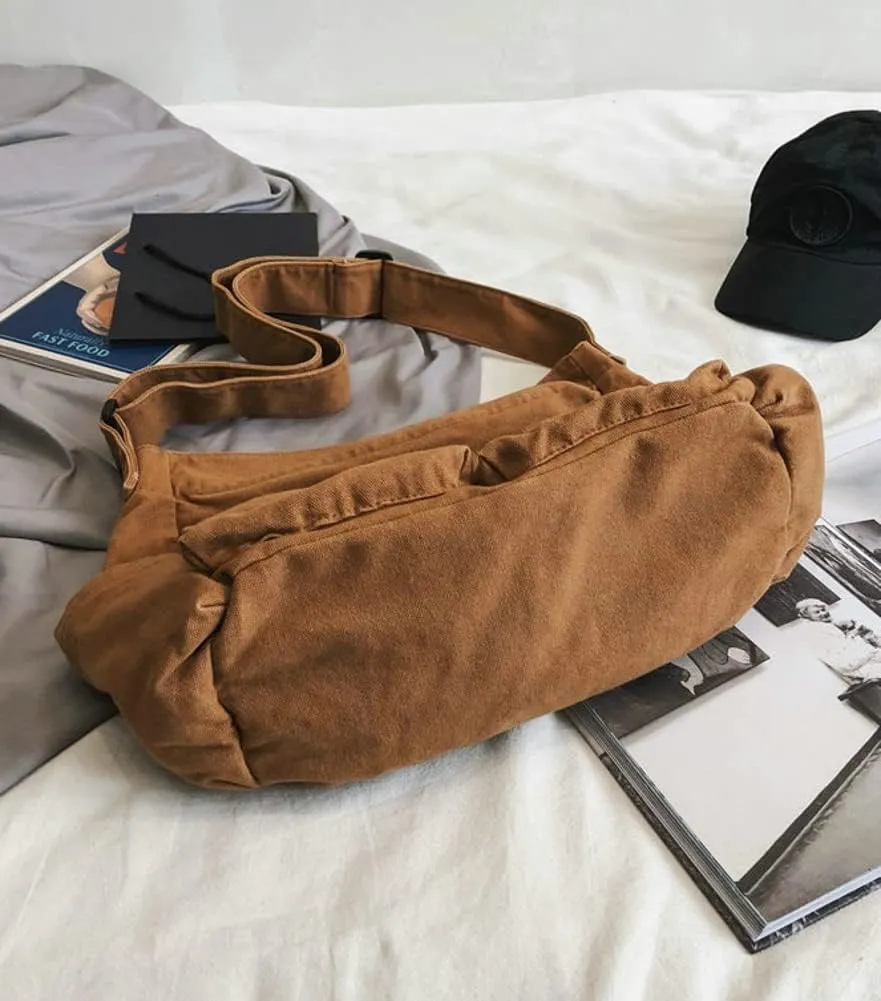 Women Men Crossbody Shoulder Bag Large Tote Bag with Multiple Pockets Canvas Messenger Tote Bag for Women and Men