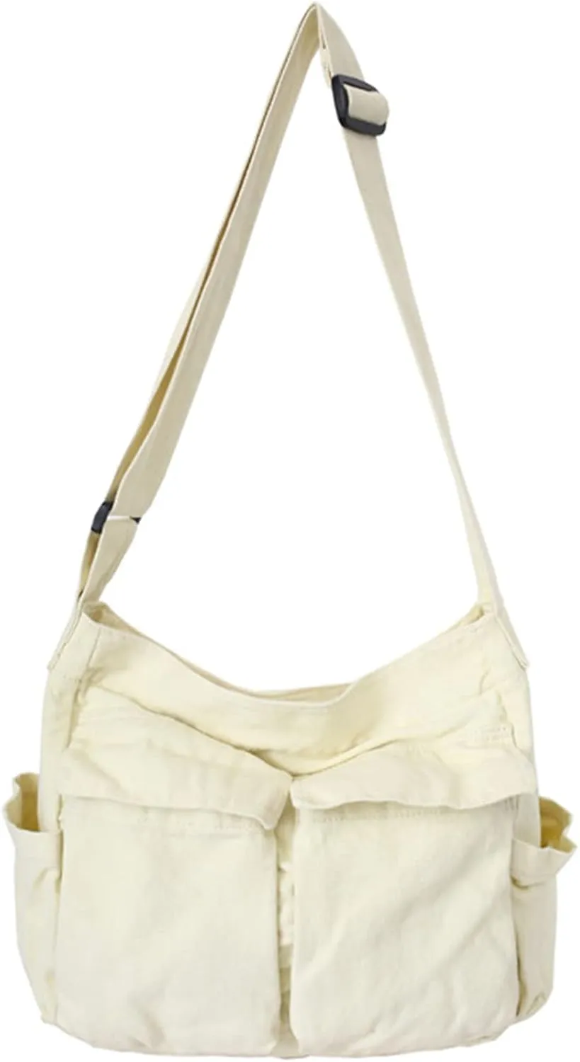 Women Men Crossbody Shoulder Bag Large Tote Bag with Multiple Pockets Canvas Messenger Tote Bag for Women and Men