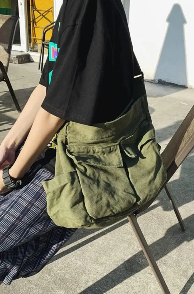 Women Men Crossbody Shoulder Bag Large Tote Bag with Multiple Pockets Canvas Messenger Tote Bag for Women and Men