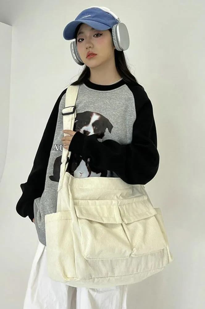 Women Men Crossbody Shoulder Bag Large Tote Bag with Multiple Pockets Canvas Messenger Tote Bag for Women and Men