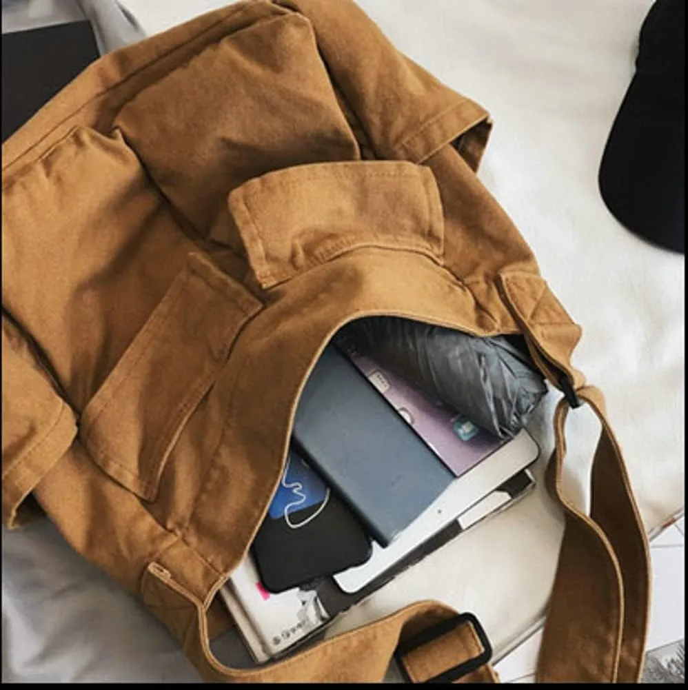 Women Men Crossbody Shoulder Bag Large Tote Bag with Multiple Pockets Canvas Messenger Tote Bag for Women and Men