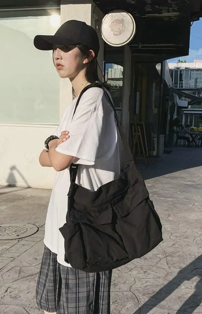 Women Men Crossbody Shoulder Bag Large Tote Bag with Multiple Pockets Canvas Messenger Tote Bag for Women and Men