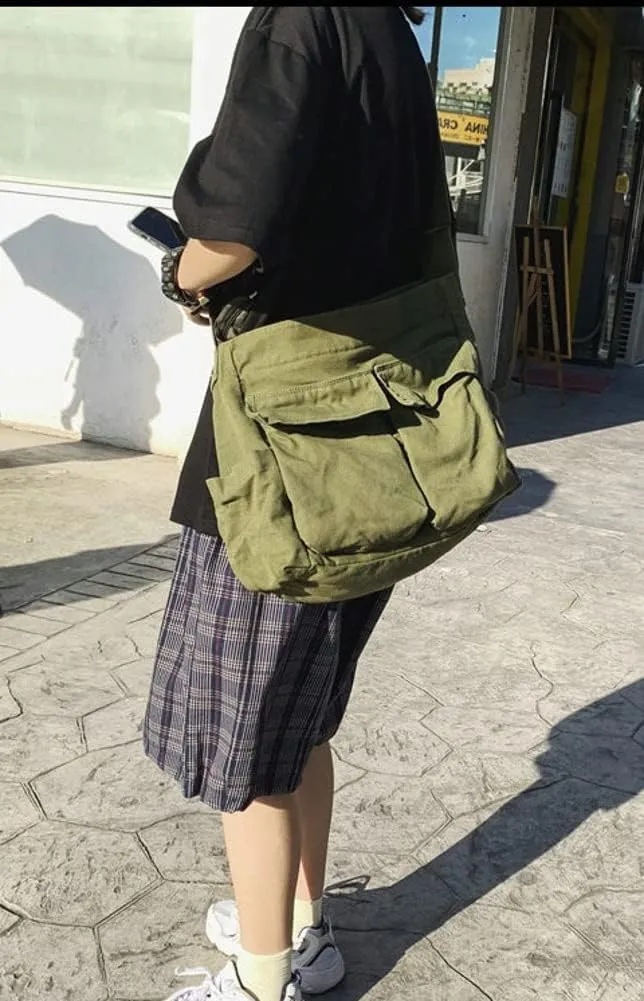 Women Men Crossbody Shoulder Bag Large Tote Bag with Multiple Pockets Canvas Messenger Tote Bag for Women and Men