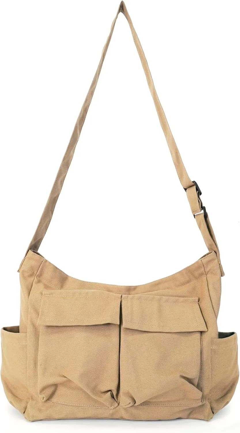 Women Men Crossbody Shoulder Bag Large Tote Bag with Multiple Pockets Canvas Messenger Tote Bag for Women and Men
