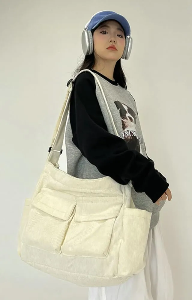 Women Men Crossbody Shoulder Bag Large Tote Bag with Multiple Pockets Canvas Messenger Tote Bag for Women and Men