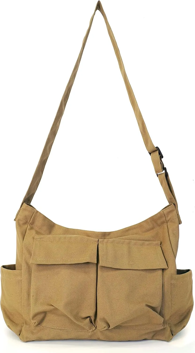 Women Men Crossbody Shoulder Bag Large Tote Bag with Multiple Pockets Canvas Messenger Tote Bag for Women and Men