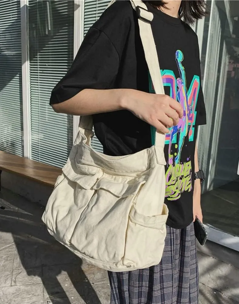 Women Men Crossbody Shoulder Bag Large Tote Bag with Multiple Pockets Canvas Messenger Tote Bag for Women and Men