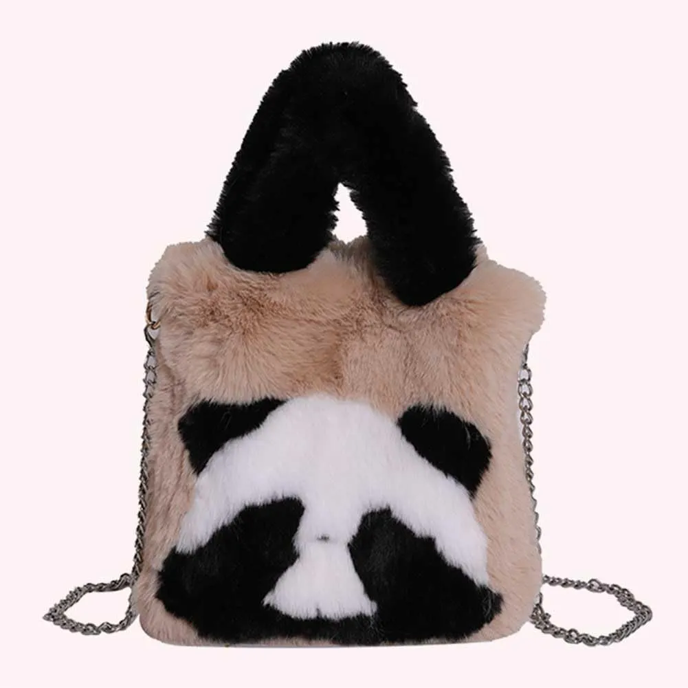 Women Panda Furry Shoulder Bag with Chain Strap Fluffy Panda Crossbody Bag Large Capacity Plush Panda Tote Handbag L